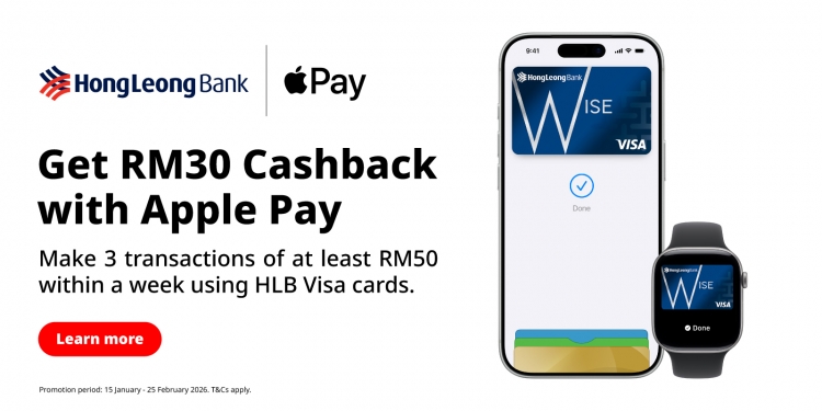 使用 HLB Visa卡搭配 Apple Pay 支付，限时赚取RM30现金回扣